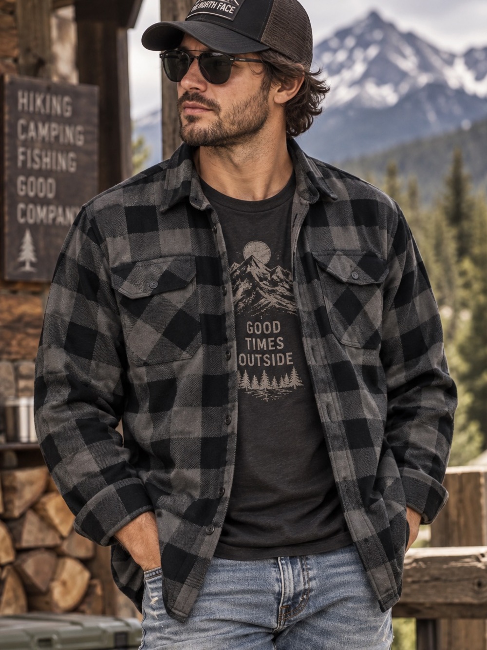 Wrangler Men’s XL Black Gray Buffalo Plaid Fleece Shirt Jacket Shacket